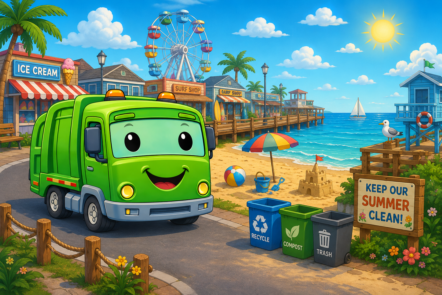 Dumpy the Garbage Truck at a summer beach town